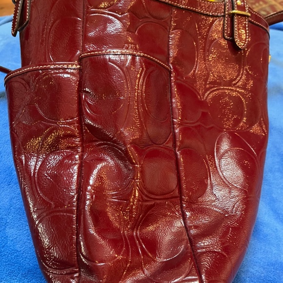 Coach Signature Embossed Gallery Burgundy Patent Leather Tote - Picture 8 of 12